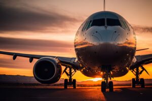 Avião na pista por do sol