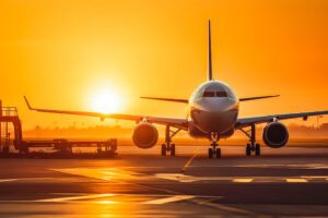 Avião na pista e Sol ao fundo