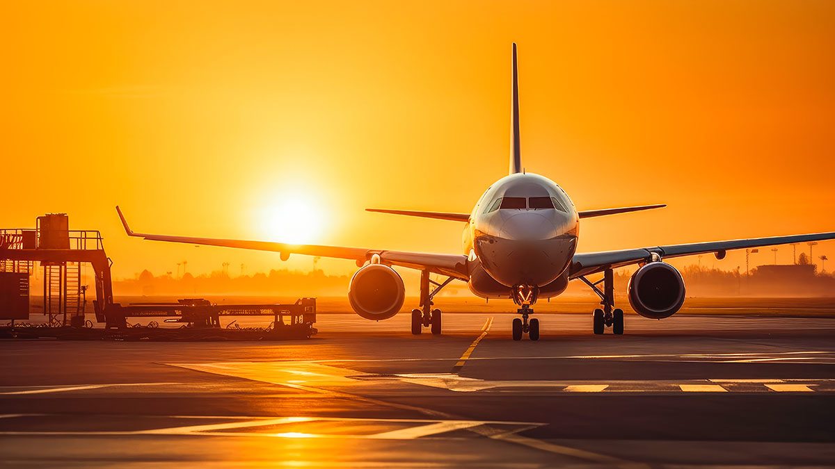 Avião na pista e Sol ao fundo