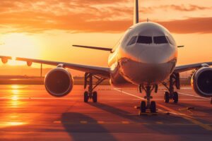 Avião na pista com sol