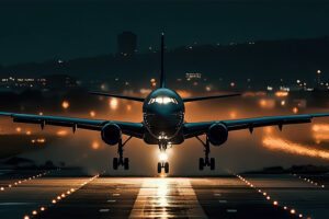 Avião decolando à noite