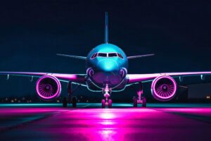 Avião parado na pista com luzes coloridas