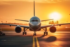 Avião com sol ao fundo