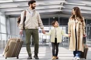 familia no aeroporto viajantes