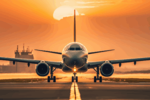 Avião e o pôr do sol ao fundo