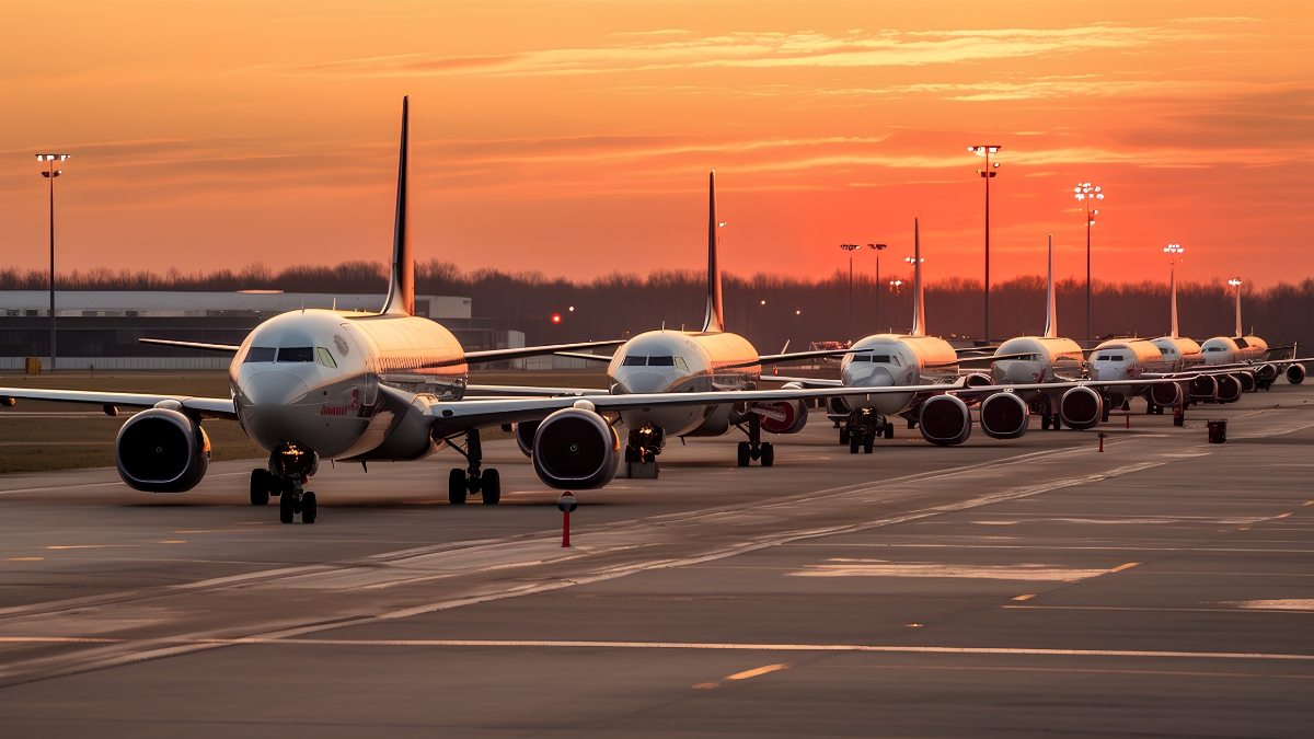 Aviões em fila na pista