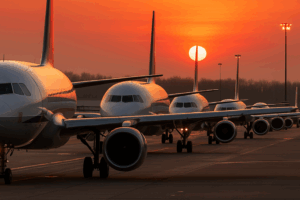 Aviões na pista e o Sol ao fundo