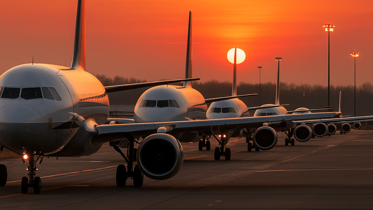 Aviões na pista e o Sol ao fundo