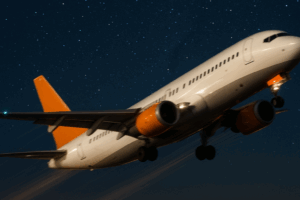 Avião decolando à noite