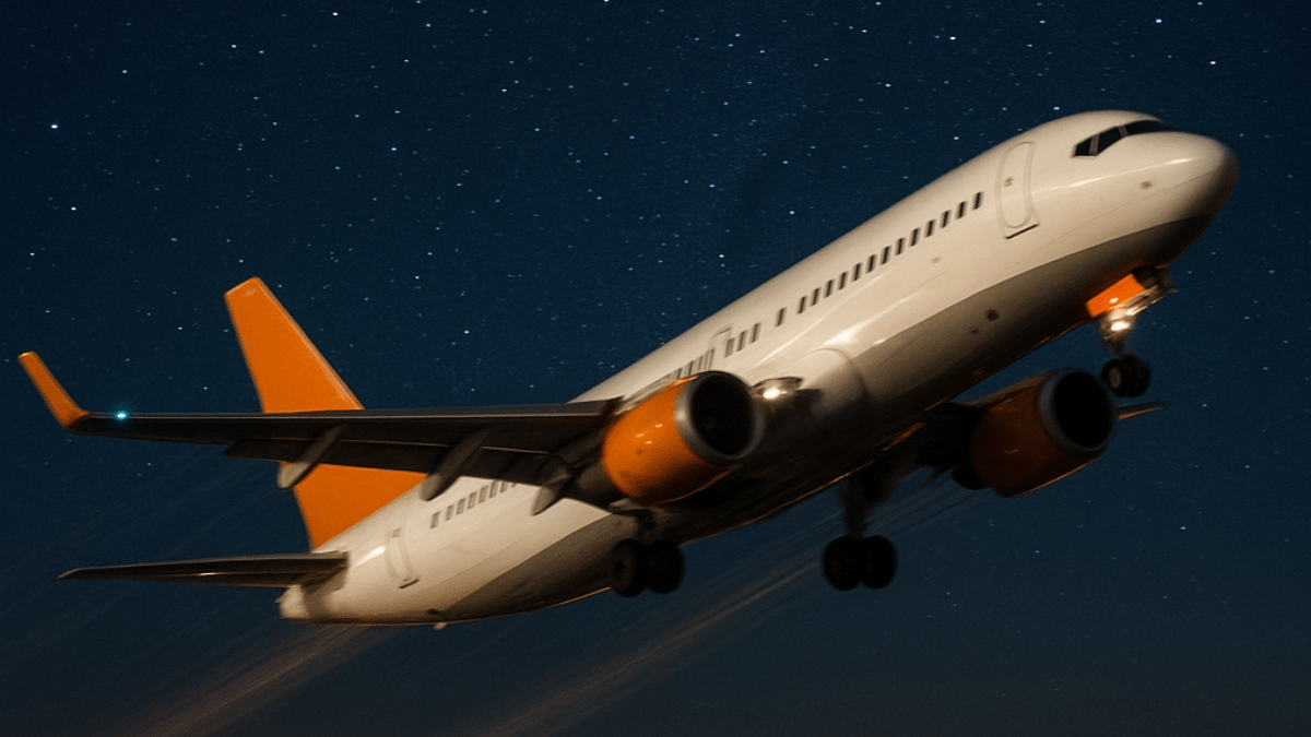 Avião decolando à noite
