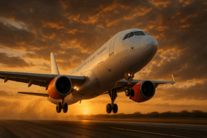 Avião decolando ao pôr do sol
