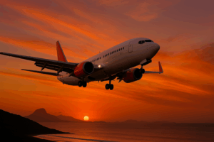 Avião e o sol se pondo