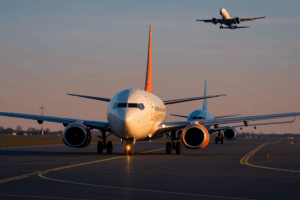 Aviões na pista e um voando