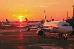Aviões no aeroporto ao pôr do sol