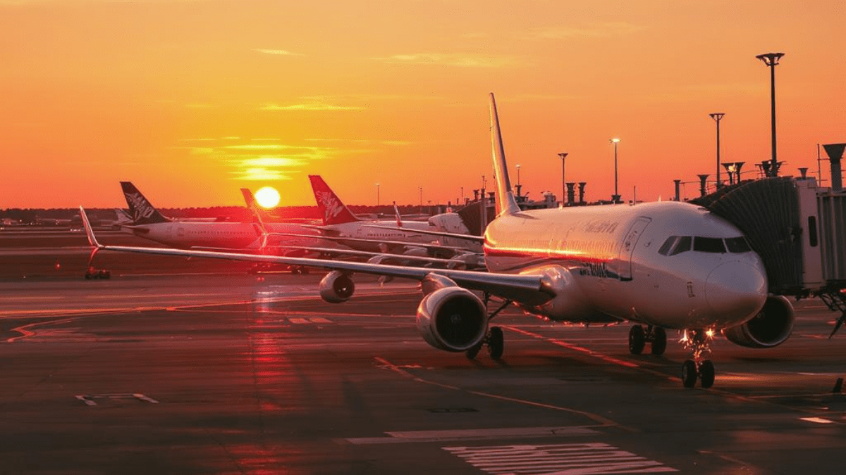 Aviões no aeroporto ao pôr do sol