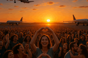 Pessoas felizes no aeroporto