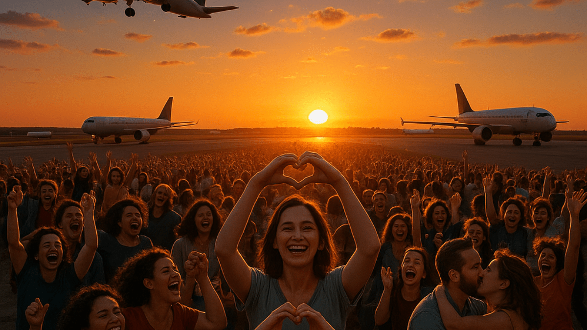 Pessoas felizes no aeroporto