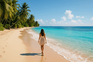 viajantes caminhando na praia