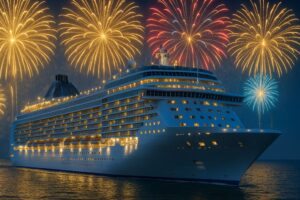 Cruzeiro no mar com fogos de artifício