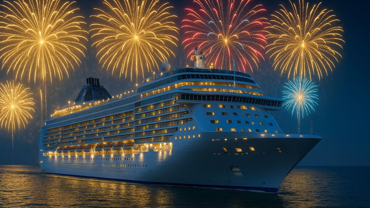 Cruzeiro no mar com fogos de artifício
