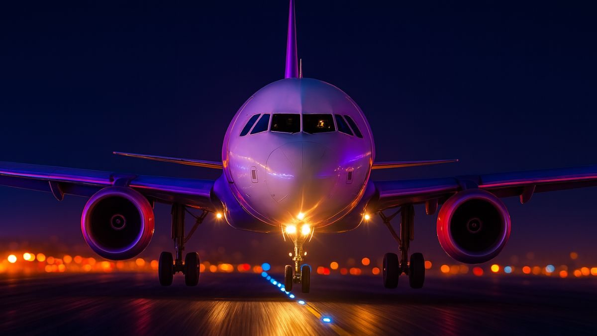 Avião em velocidade na pista à noite