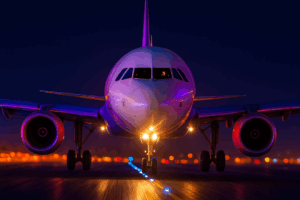 Avião decolando à noite