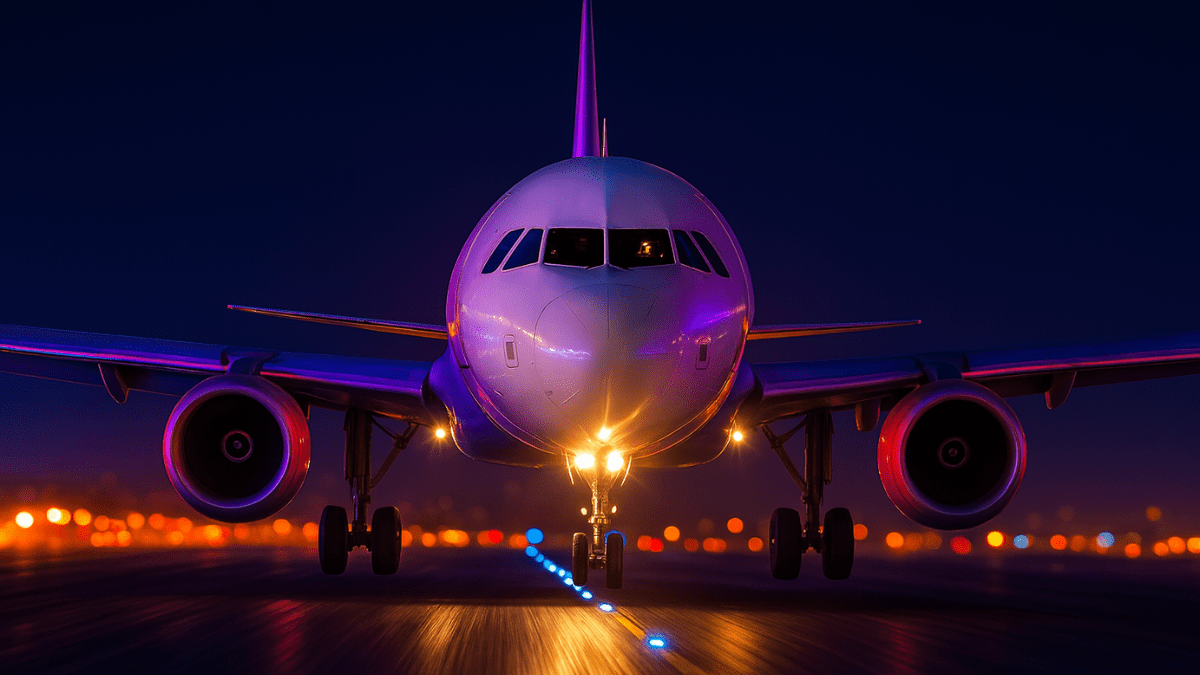 Avião decolando à noite