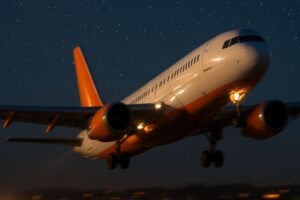 Avião decolando de madrugada