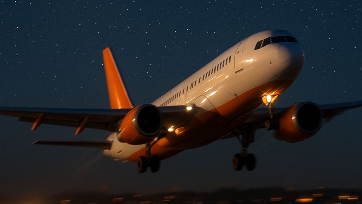 Avião decolando de madrugada