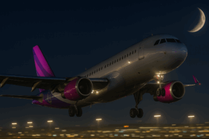 Avião decolando com a lua no céu