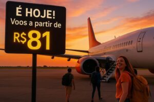 Avião na pista e um letreiro de promoção