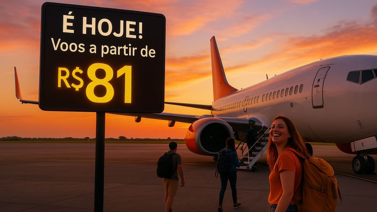 Avião na pista e um letreiro de promoção