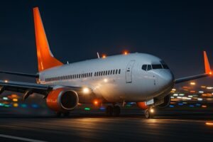 Avião à noite na pista pegando velocidade