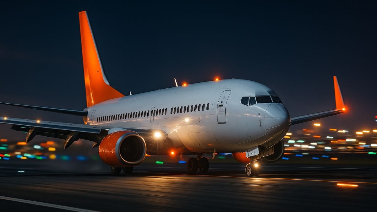 Avião à noite na pista pegando velocidade