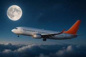 Avião acima das nuvens com a lua