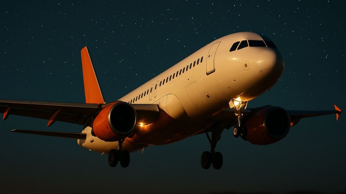 Avião decolando à noite com estrelas no céu