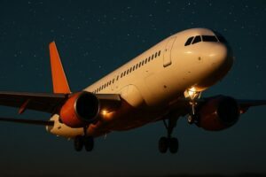 Avião decolando à noite sob o céu estrelado