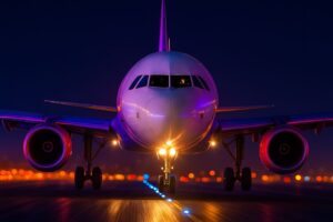 Avião na pista à noite com várias luzes