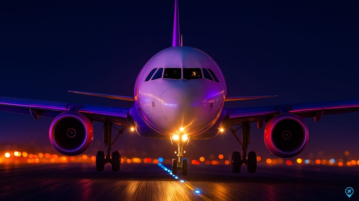 Avião na pista à noite com várias luzes