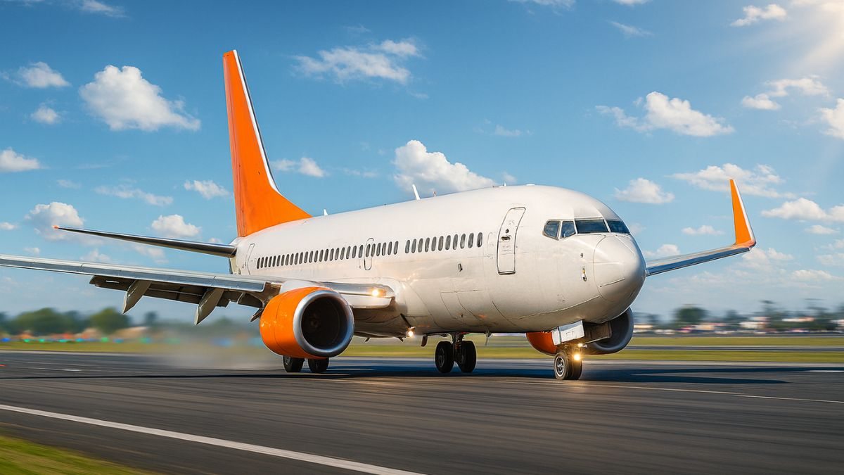 Avião na pista pegando velocidade