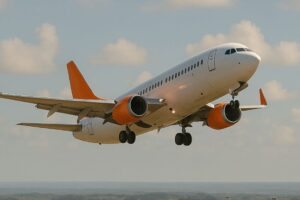 Avião com detalhes em laranja nas nuvens