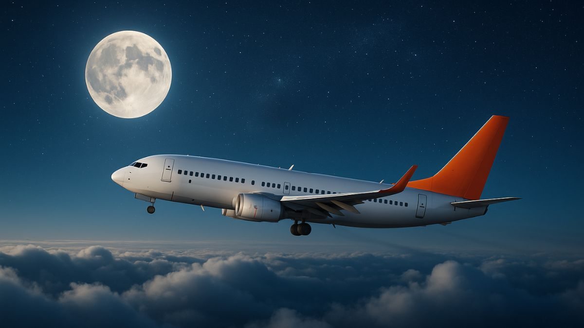 Avião voando à noite com a lua