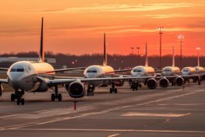 avioes esperando decolagem em fila ao por do sol