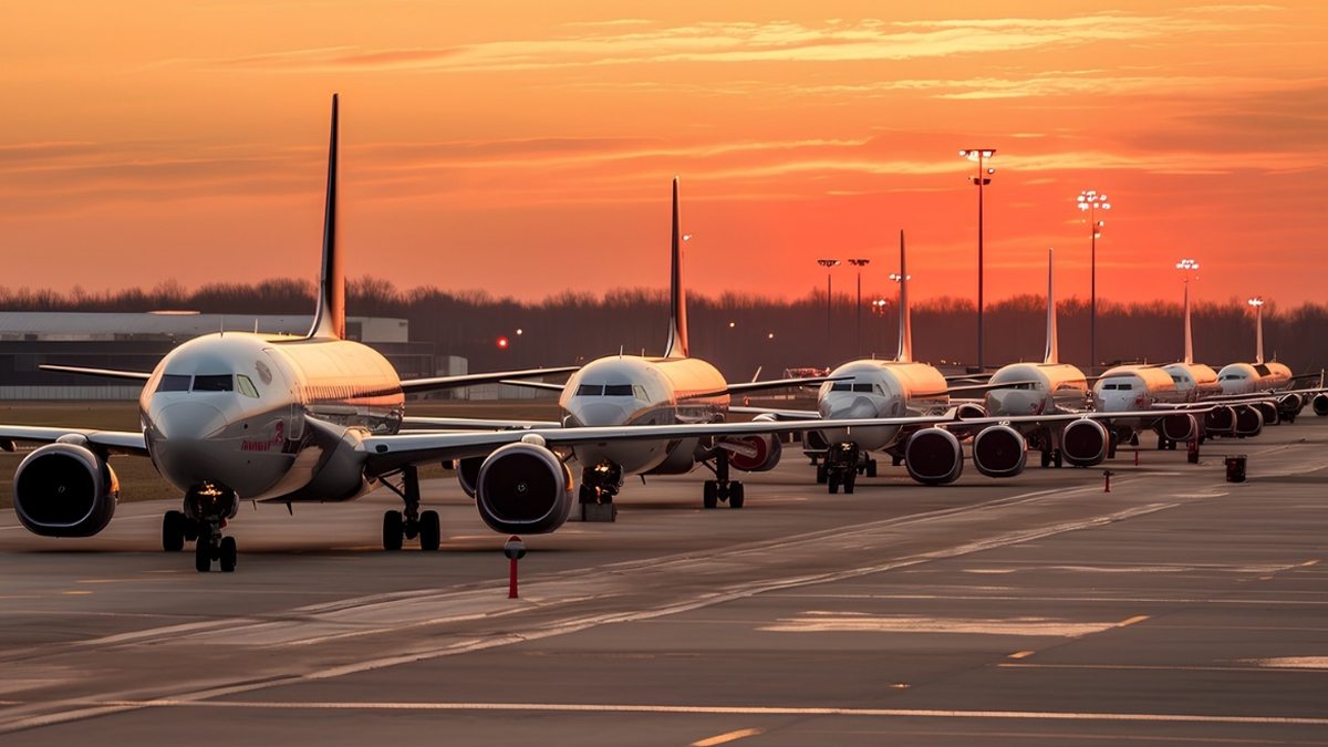 avioes esperando decolagem em fila ao por do sol