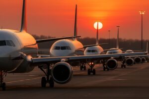 Fila de aviões para decolar