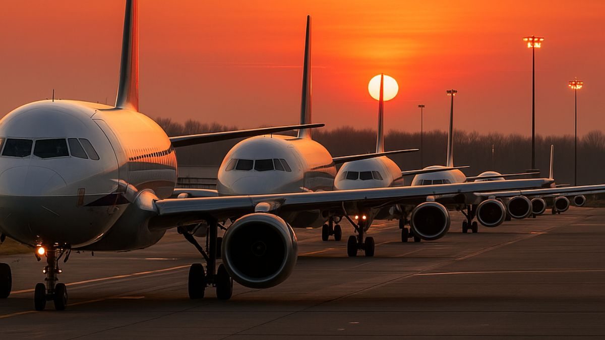 Fila de aviões para decolar