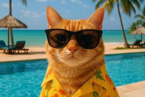 Gato de óculos em um hotel na praia