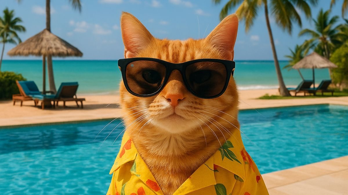 Gato de óculos em um hotel na praia