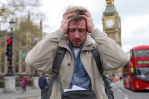 Homem desesperado com as mãos na cabeça em Londres
