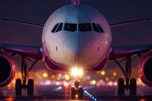 Avião visto de frente à noite na pista